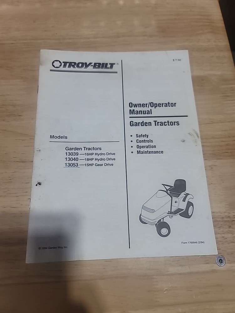Owners Manual Troy-Bilt Garden Tractor/Mower – Models 13039, 13040, & 13053 OEM