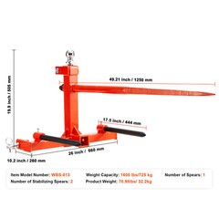 VEVOR 49″ Hay Spear Bale Spears Skid 3-Point Hitch Tractor Attachment 1600lbs