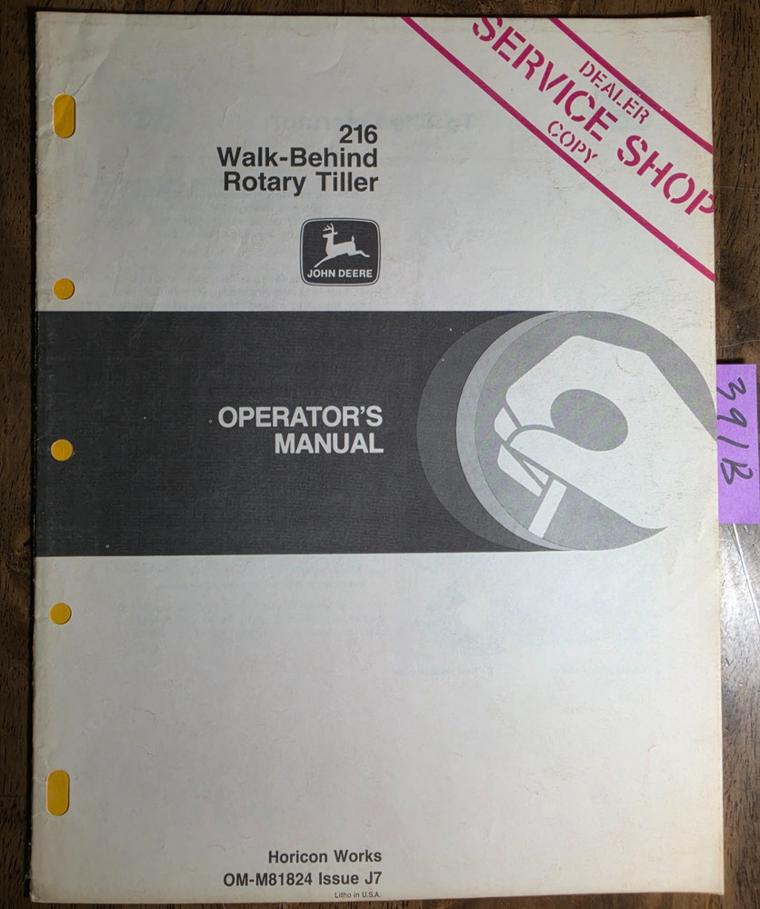John Deere 216 Walk-Behind Rotary Tiller SN 80,001-120,000 Owner Operator Manual