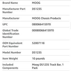MOOG DS1235 Front Suspension Track Bar for Jeep Wrangler Cherokee TJ 52007118