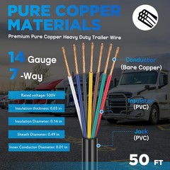 Tujoe 7 Way Trailer Wire 14/7 Heavy Duty 50FT 100% Pure Copper 7 Wire Trailer…