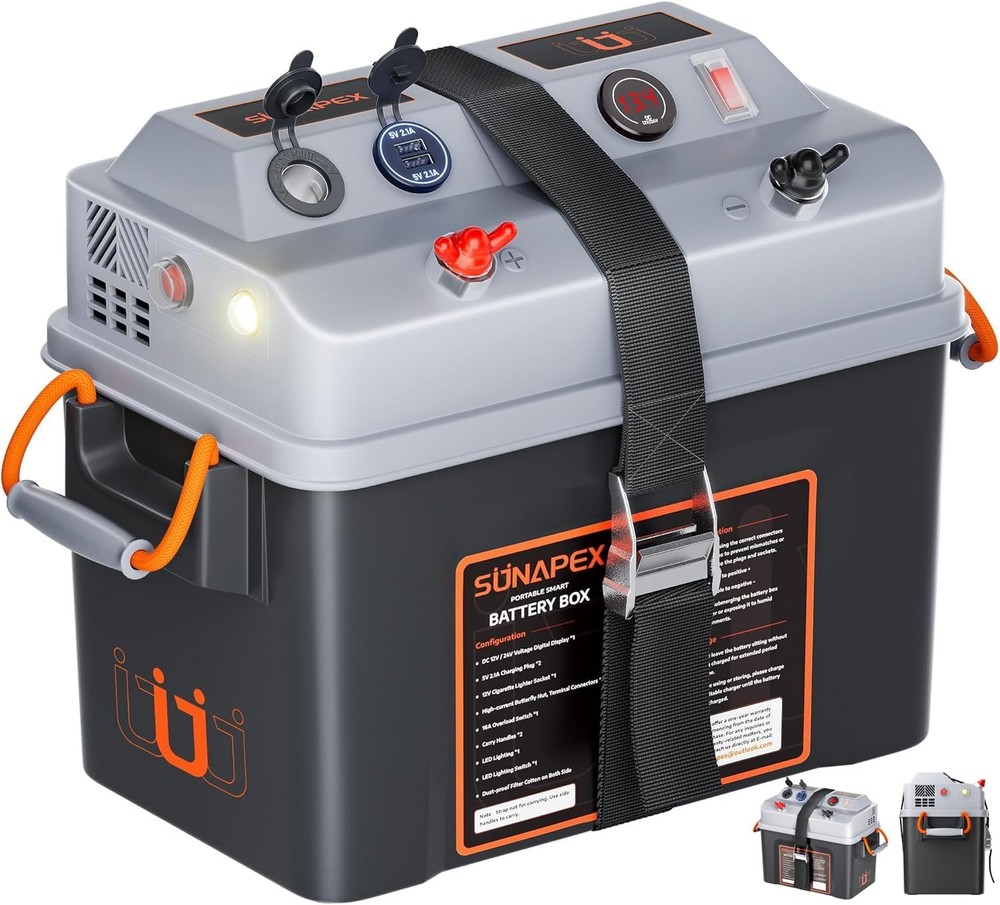 SUNAPEX Smart Battery Box 12V/24V Power Center – Multi Ports & Circuit Breake…