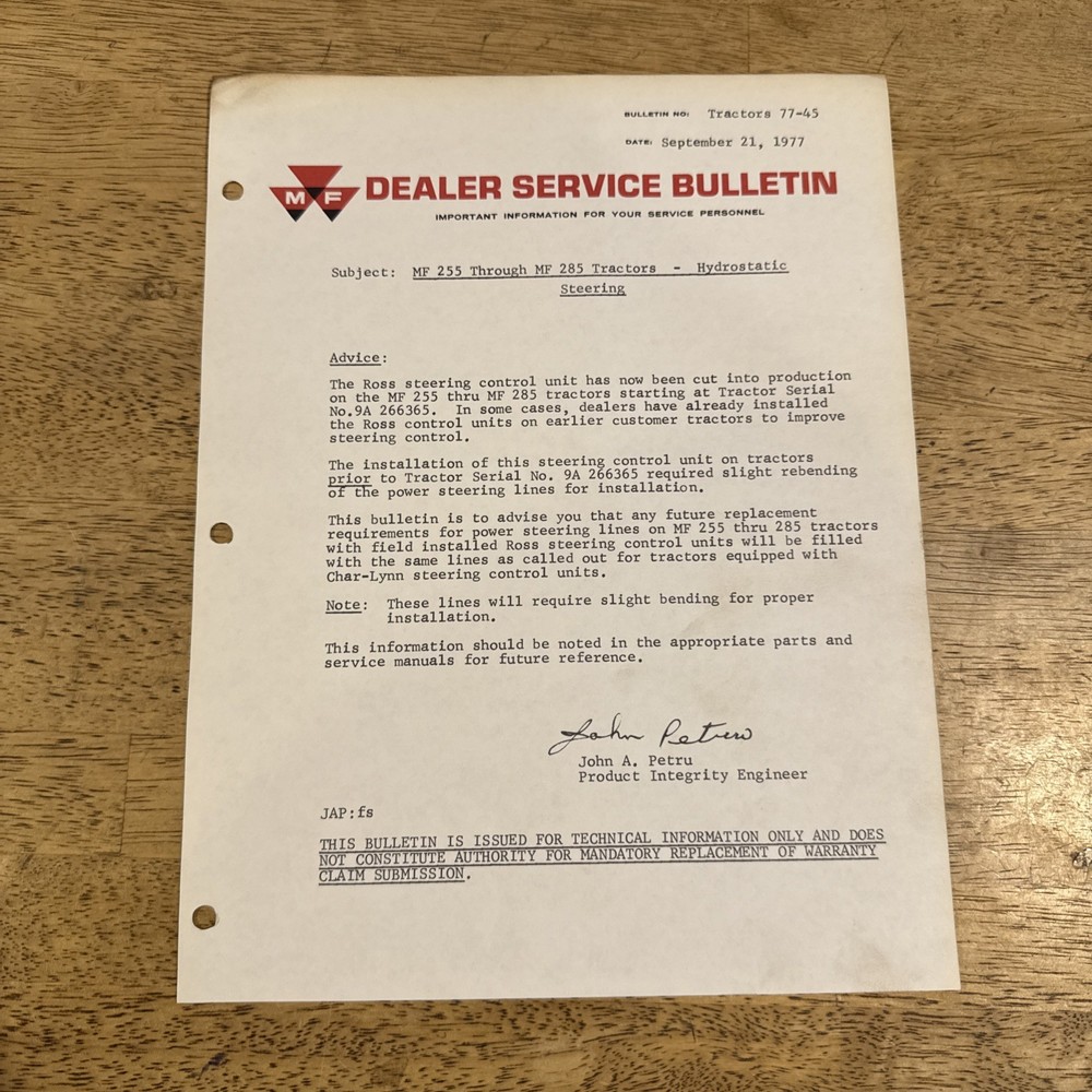 1977 Massey Ferguson MF 255-285 Tractors Hydrostatic Steering Service Bulletin