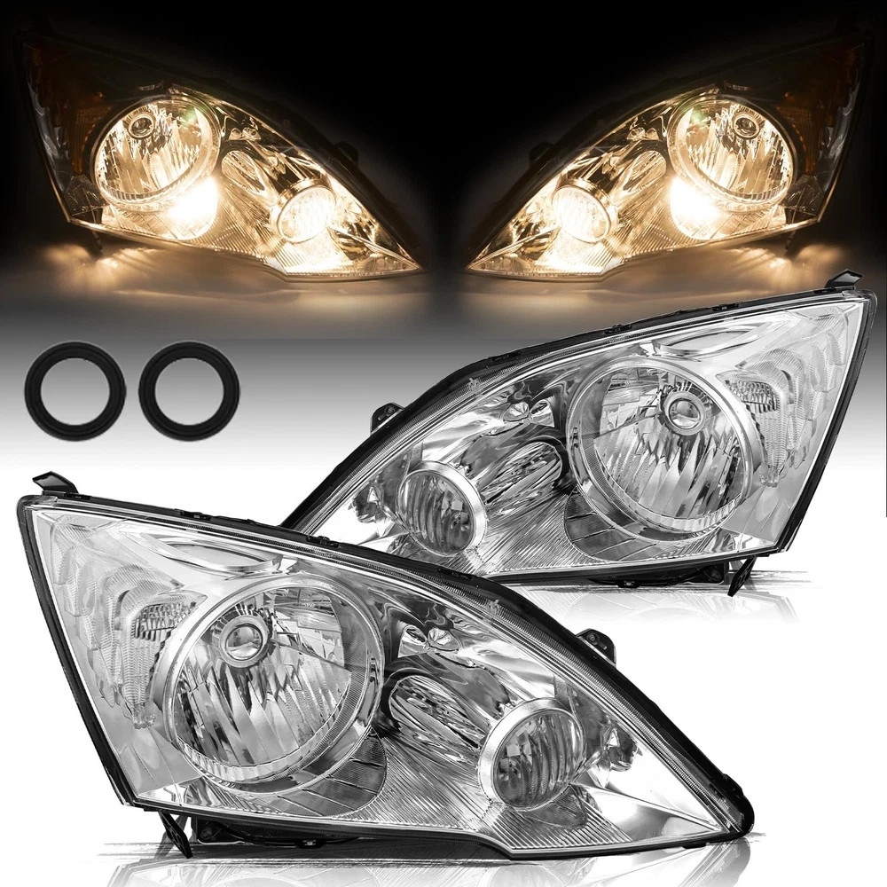 Headlight Assembly Set for 2007-2011 CRV Halogen Chrome Clear Left Right