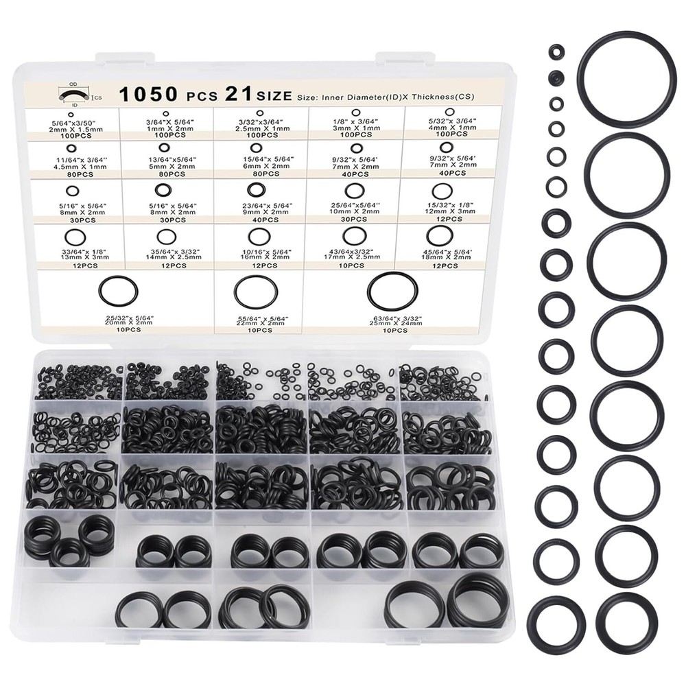 1050pcs O-Ring Kit, 21 Sizes O-Ring Assortment Kit Metric Nitrile Rubber O Rings