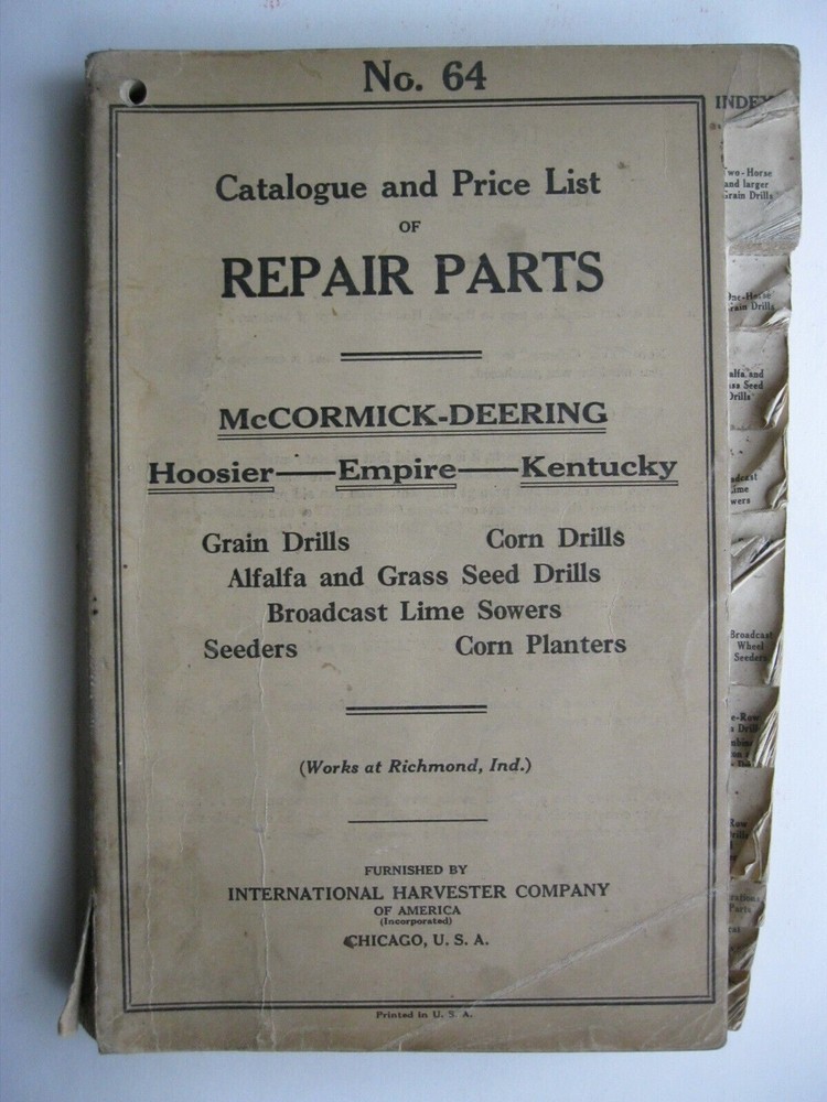 1923 IH McCORMICK DEERING HOOSIER EMPIRE KENTUCKY DRILLS PLANTERS PARTS CATALOG