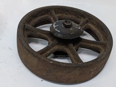 Lot of four antique cast-iron industrial pull cart caster wheels with 6 spokes
