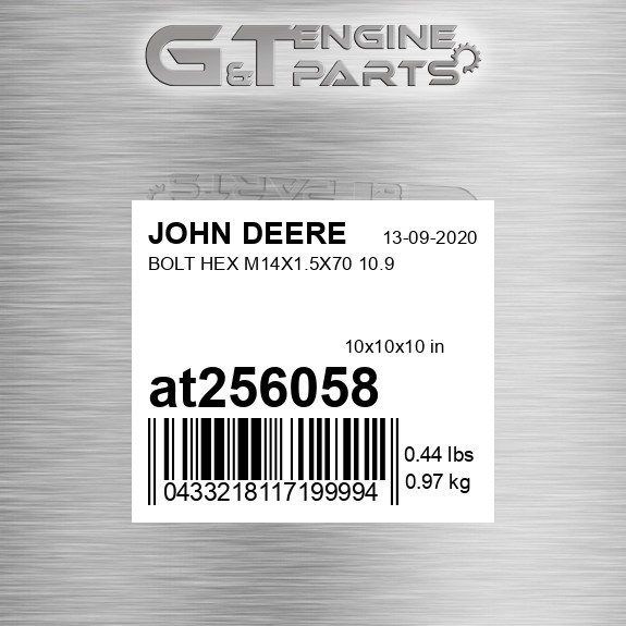 AT256058 BOLT HEX M14X1.5X70 10.9 fits JOHN DEERE (Surplus Open Box)