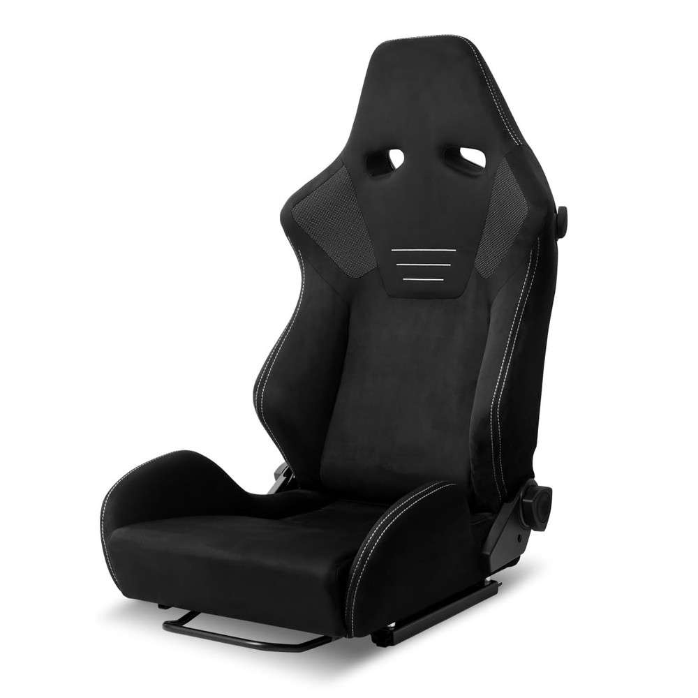 Black Suede Reclinable Racing Seat w/ Dual Sliders 4 Pt Harness Silver Stitch