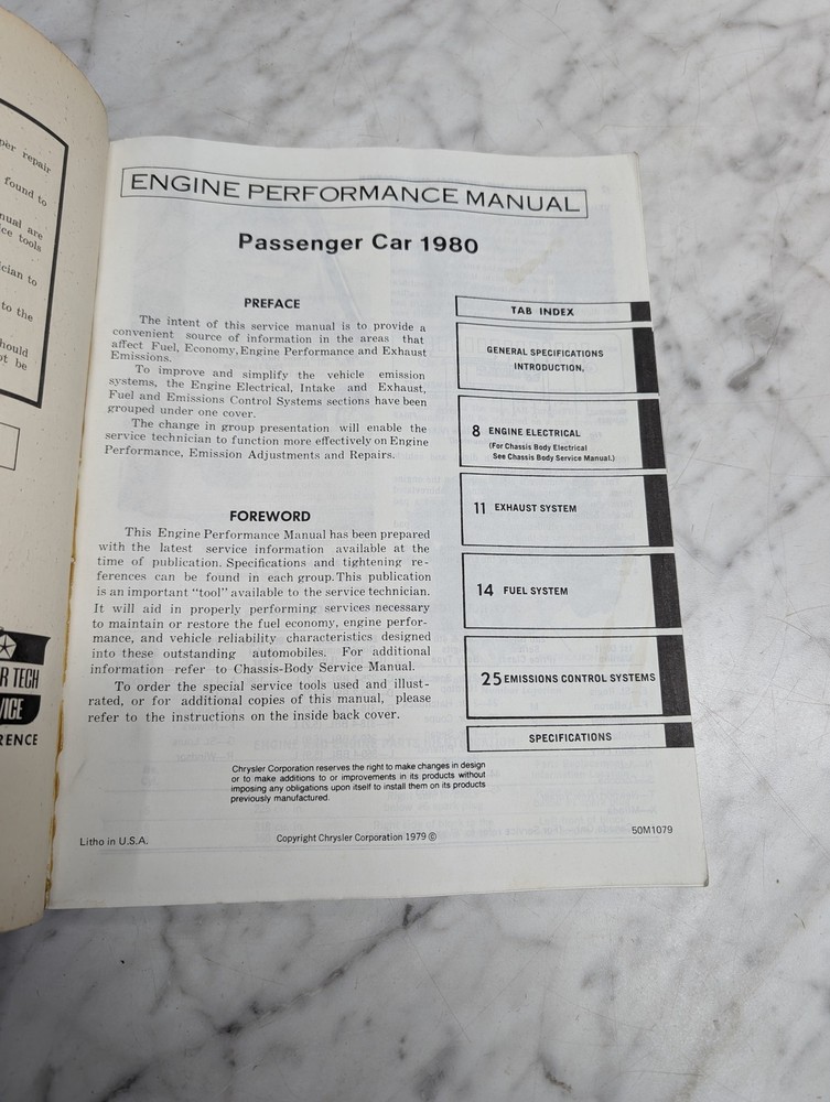 ENGINE PERFORMANCE MANUAL PASSENGER CAR 1980 50M1079 CHRYSLER