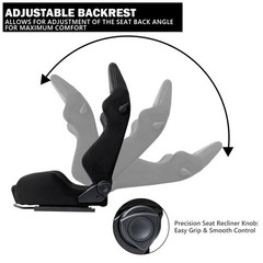 Black Suede Reclinable Racing Seat w/ Dual Sliders 4 Pt Harness Silver Stitch