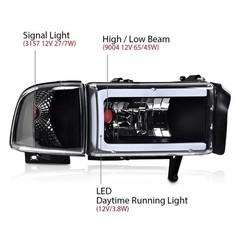LED Light Strip Headlights Dodge Ram 1500 2500 3500 1994-2002 Clear Lens Black