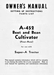 IH McCormick Deering A-452 Vegetable Beet Bean Cultivator Manual Farmall Super A