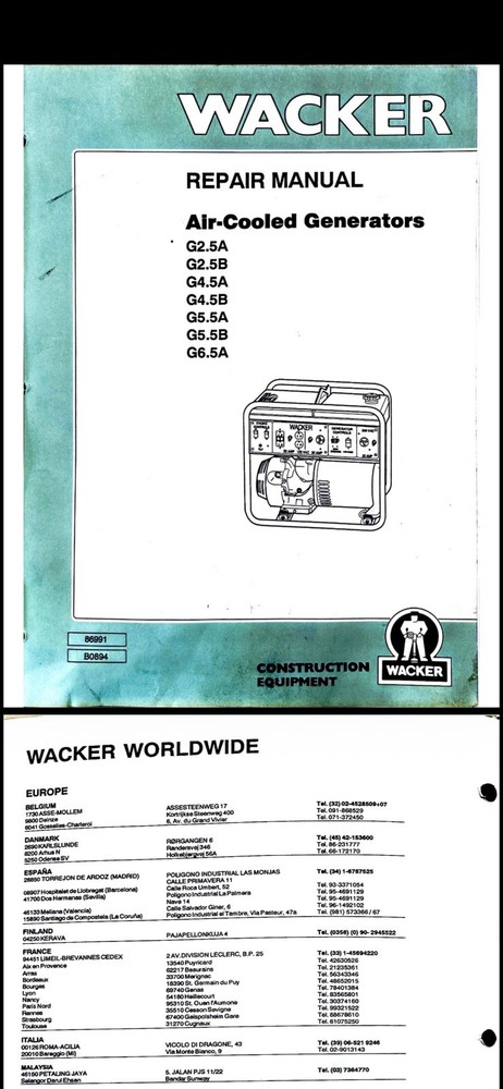 Digital – Wacker Air-Cooled Generator Repair Manual G2.5A G2.5B G4.5A-G6.5A 1994