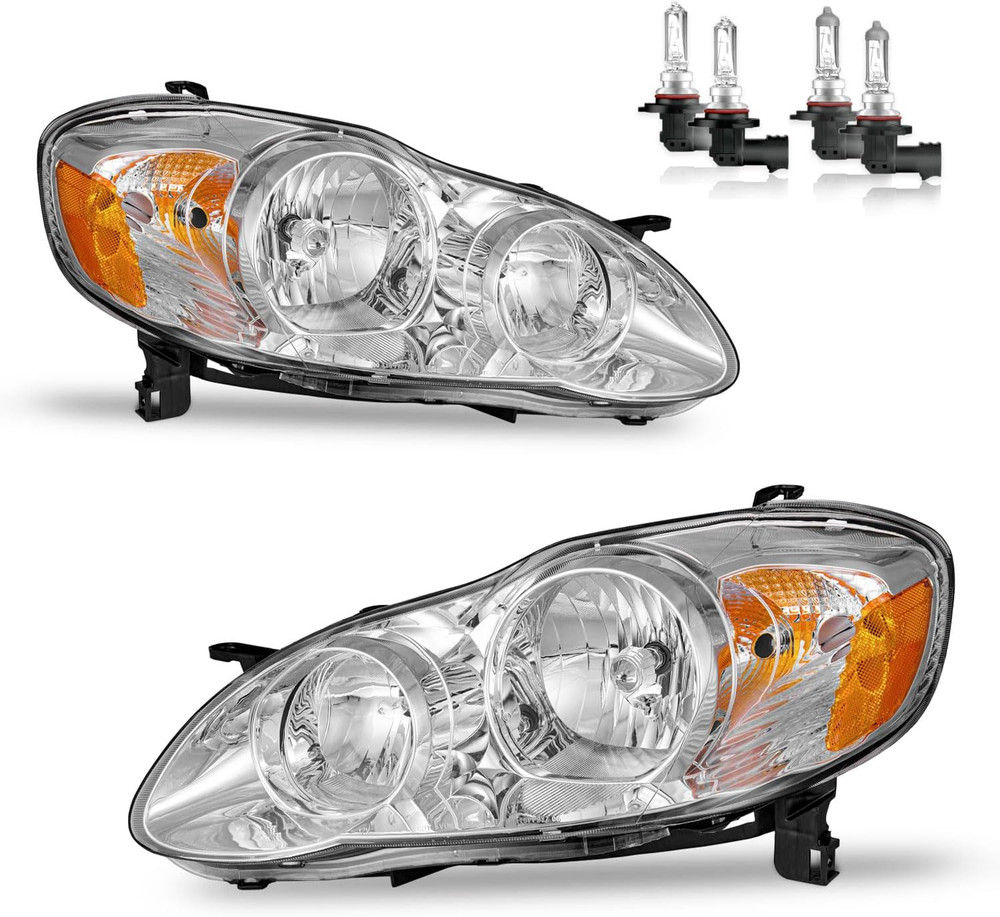 2003-2008 Toyota Corolla Headlight Assembly Pair Chrome Amber Reflector LH RH