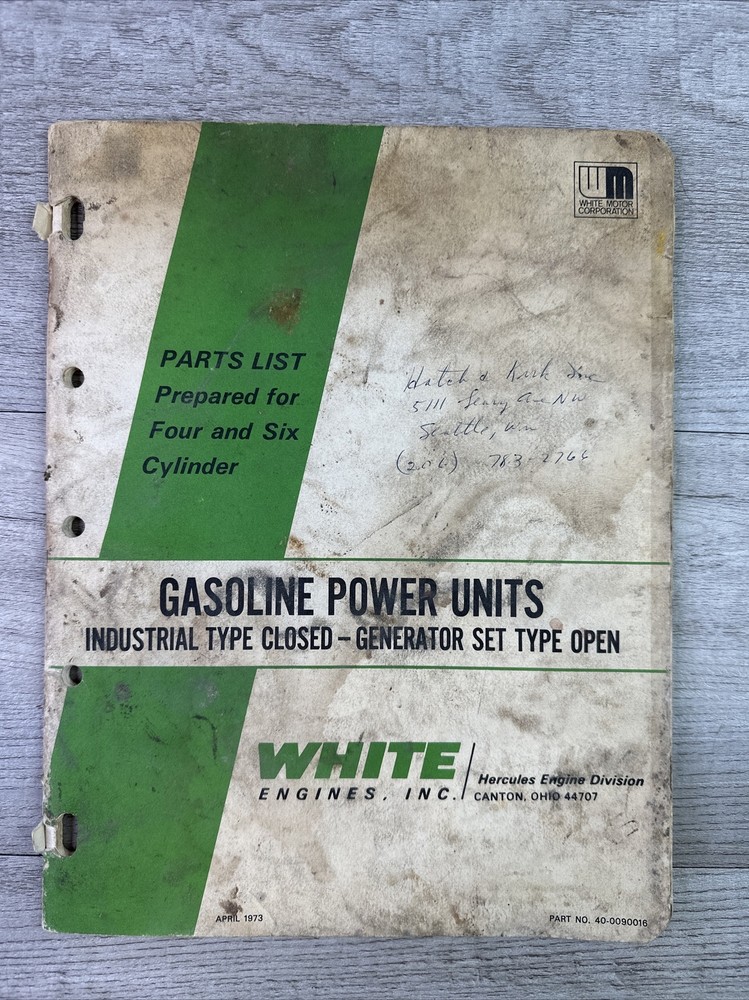 Vtg April 1973 WHITE ENGINES GAS POWER UNIT Parts List For 4 & 6 Cylinder Manual