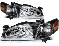 1998-2000 Toyota Corolla Headlights Clear Lens Black Housing Amber Reflector