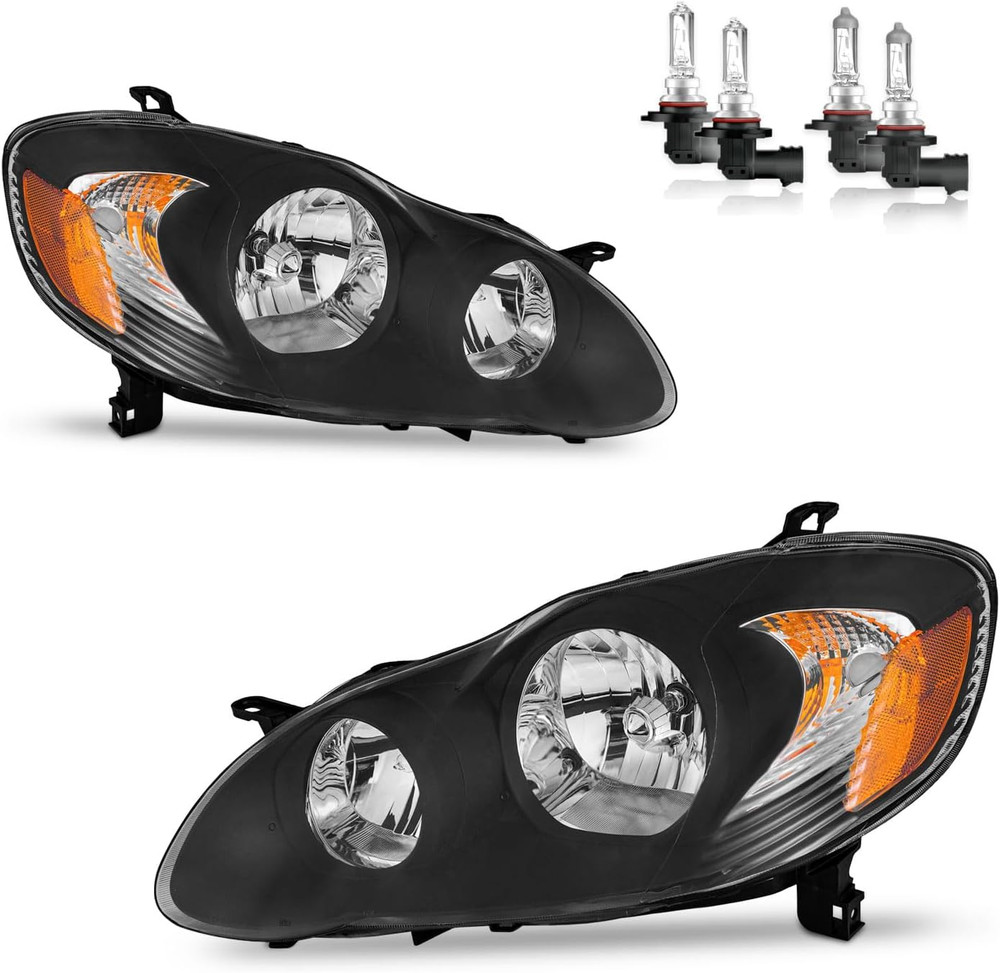 2003-2008 Toyota Corolla Headlight Assembly Pair Black Amber Reflector LH RH