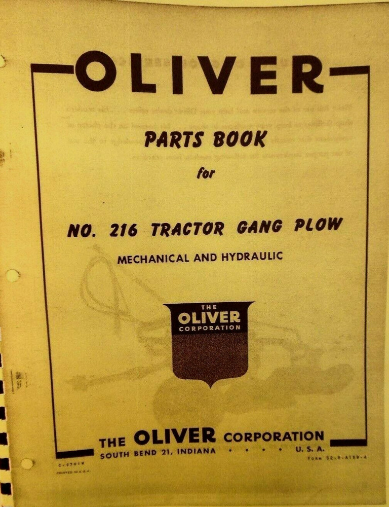 1960 Oliver Parts Book For #216 Tractor Gang Plow Mechanical & Hydraulic