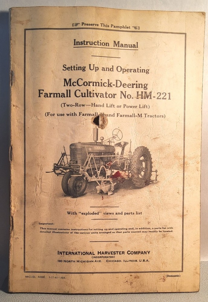 1941 McCormick Deering~Instruction Manual~Farmall Cultivator HM-221. #-4