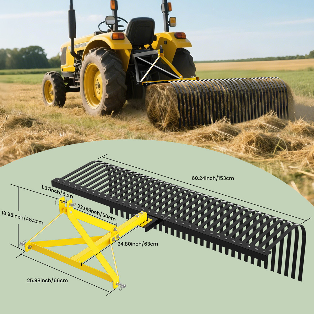 60″3 Point Landscape Rock Rake Category 1 Tractor Attachment Soil Gravel Lawn US