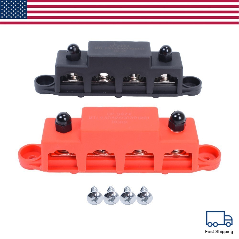 New Red & Black 5/16″ 4 Stud Power Distribution Block -BUSBAR- With Cover