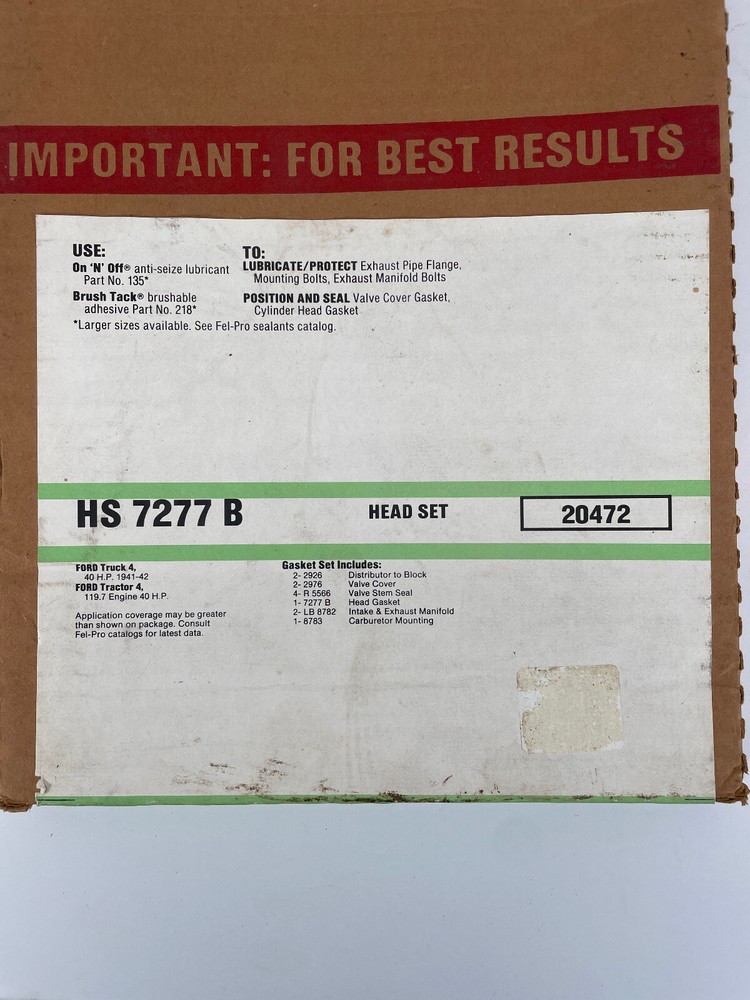 FORD HEAD GASKET SET HS 7277 20472 FOR TRUCK TRACTOR 1941-1942 119.7 ENGINE 40