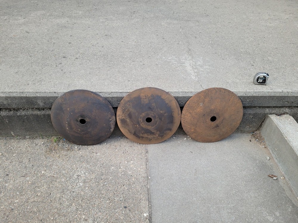 3 Vintage Disc Blades 16″ inch, Hole 1-1/2″ Steampunk Industrial Farm Implement