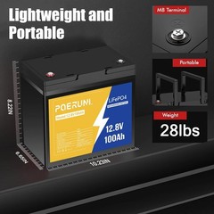 POERUNI 100Ah 12.8V LiFePO4 Lithium Battery with BMS 100Ah + 14.6V 20A Charger
