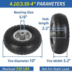 GICOOL 4.10/3.50-4″ Flat Free Tire and Wheel, 10″ Heavy 2 Pack, Grey 2 PCS