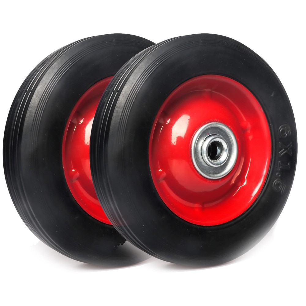 (2-Pack) AR-PRO 6” x 1.5” Flat Free Solid Rubber Wheel 1/2″, Black, Metallic