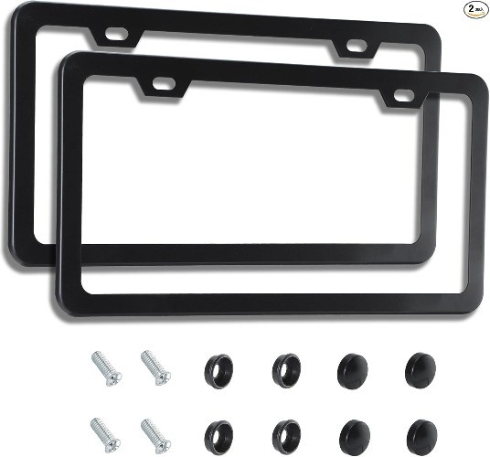 Matte Black 2-Pack License Plate Frames, Rust-Proof Aluminum Holder with No-Cove