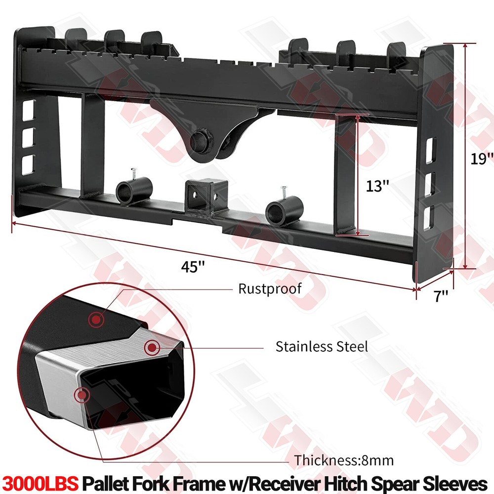 3000lbs 7″W Pallet Fork Frame w/ Receiver Hitch Spear Sleeves for Kubota Bobcat