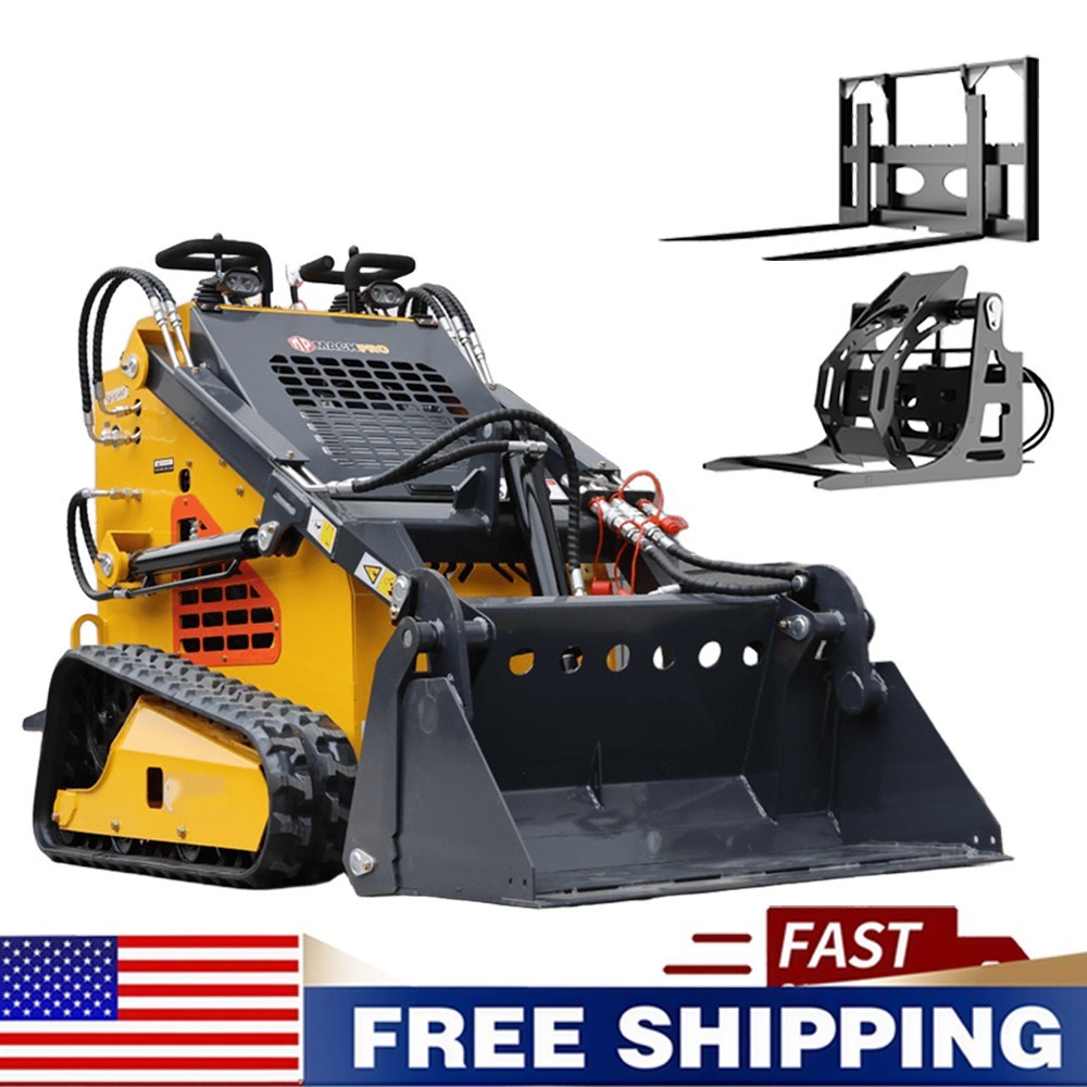 24HP Mini Skid Steer Loader Tracked 3-Pumps Engine w/ Bucket, Fork, Grapple