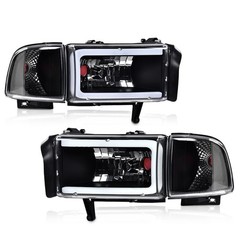 LED Light Strip Headlights Dodge Ram 1500 2500 3500 1994-2002 Clear Lens Black