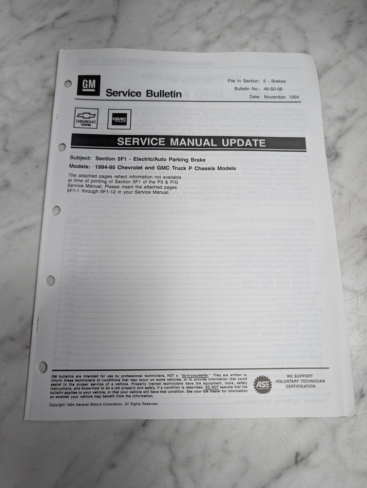 GM Chevrolet GMC Truck Service Manual Update Bulletin 1994-95 P Chassis Book