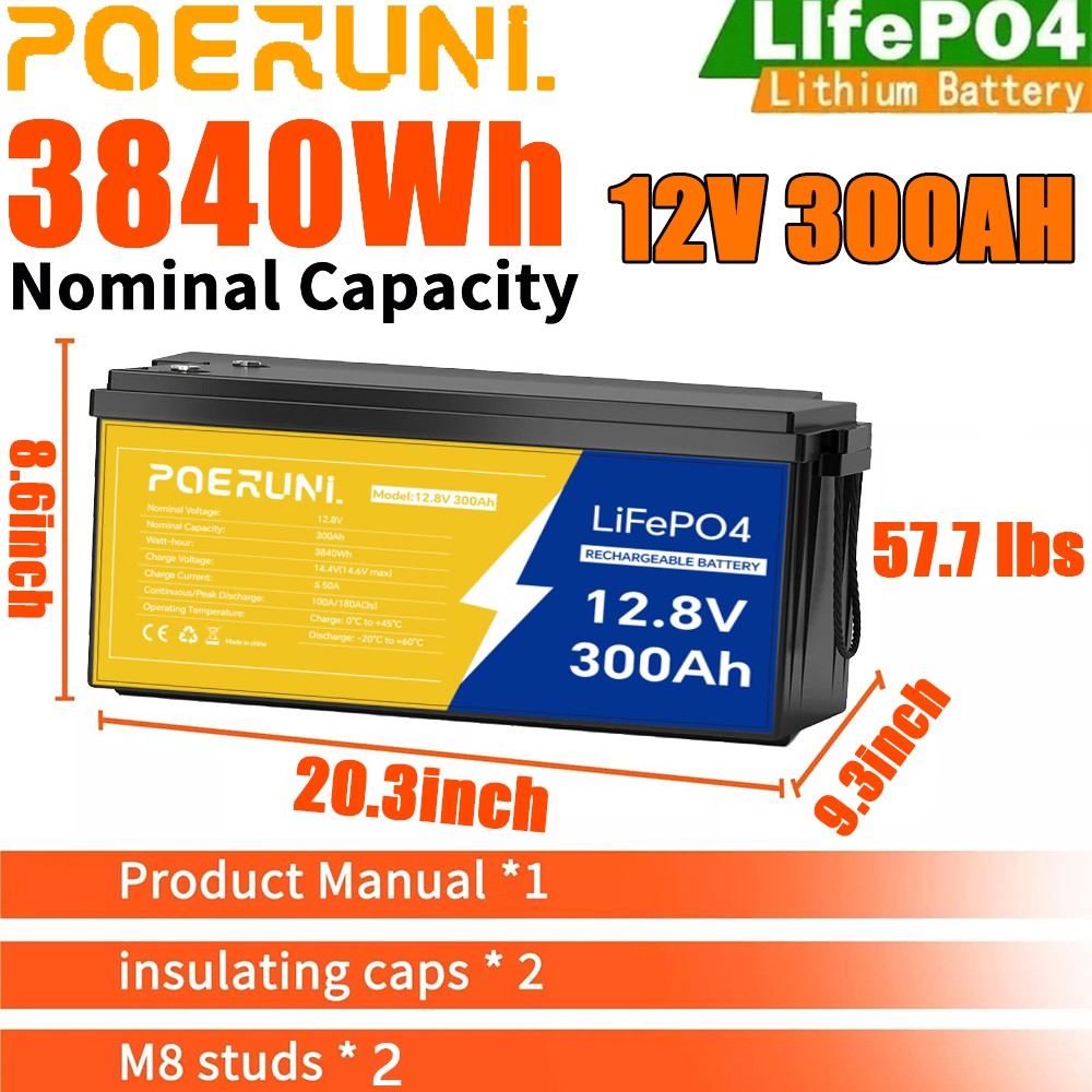 300Ah 12V LiFePO4 Lithium Battery 3840Wh Built-in BMS Deep Cycle Marine RV Solar