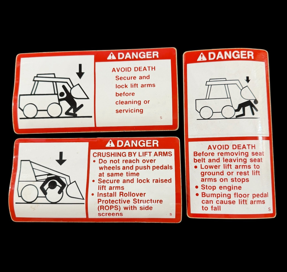 Skid Steer Loader Warning Danger Decal Unused Safety Sticker VTG 1988 Set of 3