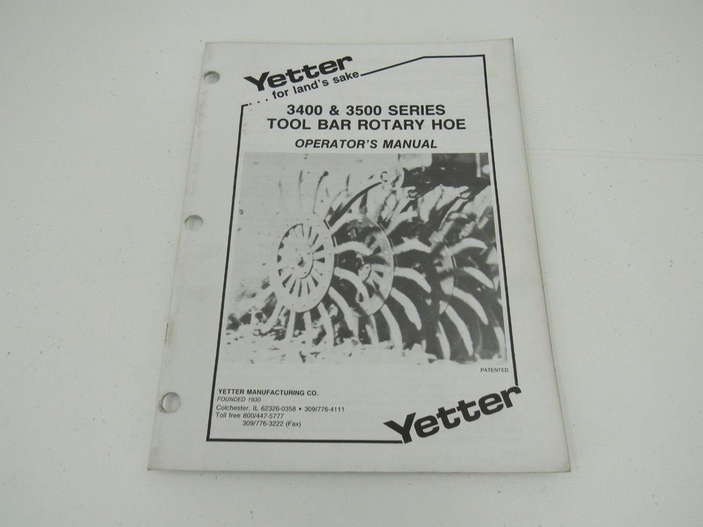 Yetter 3400 3500 Series Tool Bar Rotary Hoe Operator’s and Parts Manual