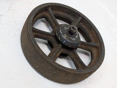 Lot of four antique cast-iron industrial pull cart caster wheels with 6 spokes