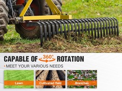 60″ Heavy-Duty Landscape Rake for Tractors, 3 Point Rock Rake with 360° Rotation