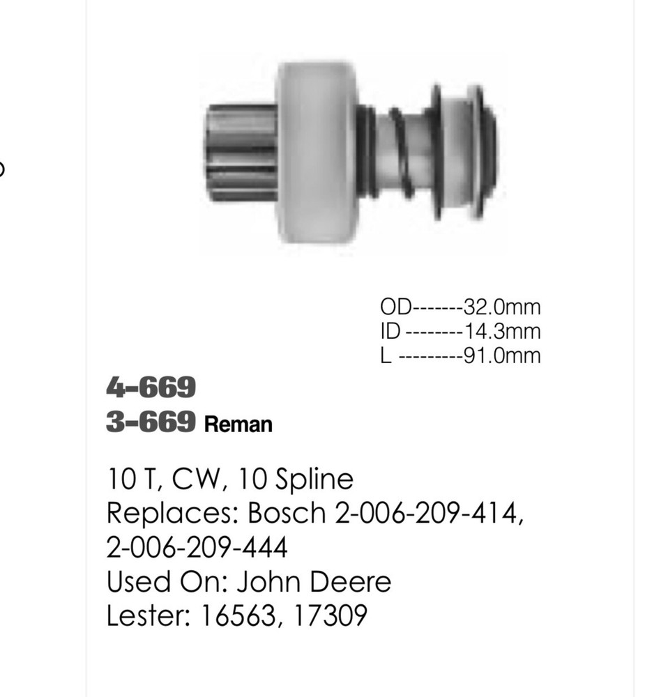Bosch John Deere Starter Drive 4-669 10 Tooth CW 10 Spline