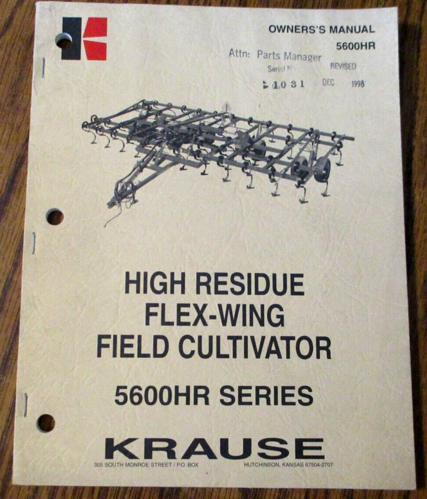 Krause 5600HR Series 5620 &5625 Field Cultivator Parts & Assembly Manual 1998