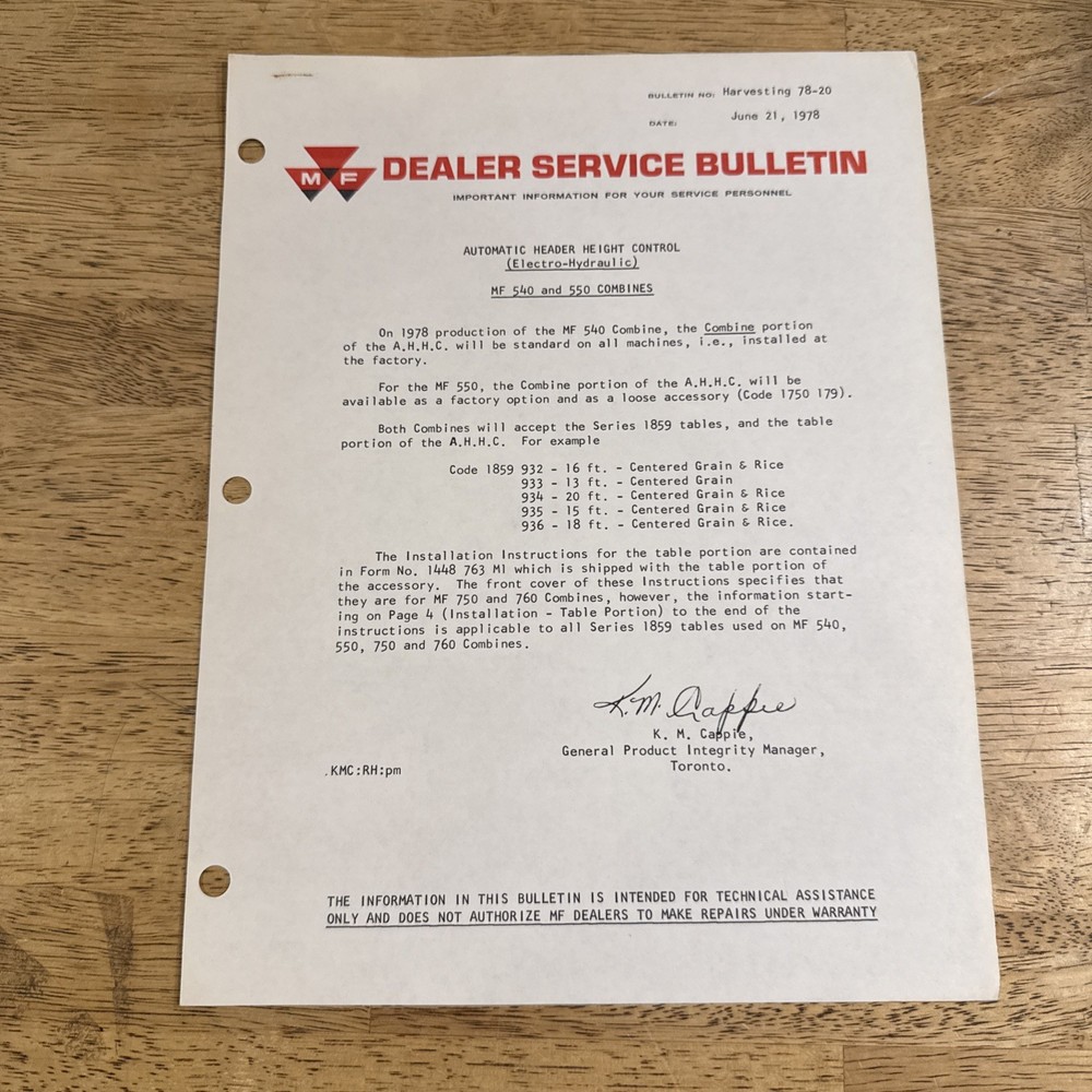 1978 Massey Ferguson MF 540 And 550 Combines Dealer Service Bulletin