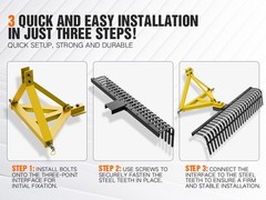 60″ Heavy-Duty Landscape Rake for Tractors, 3 Point Rock Rake with 360° Rotation