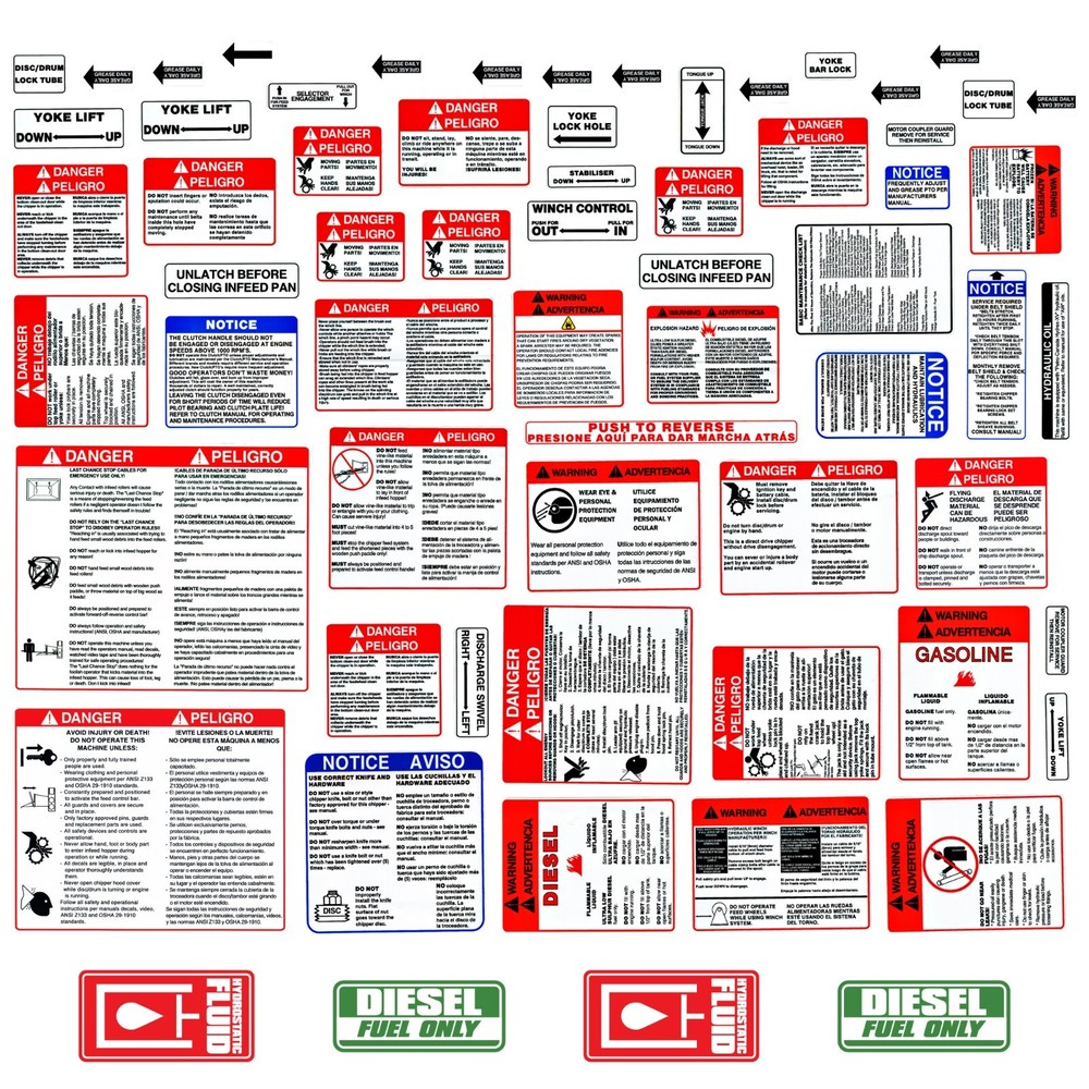 Safety Decal Kit for Brush Bandit Wood Chipper Stickers English + Spanish UV 7yr