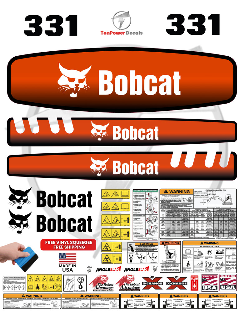 Fits Bobcat 331 Mini Excavator Decal Kit – 3M Vinyl – Free Shipping