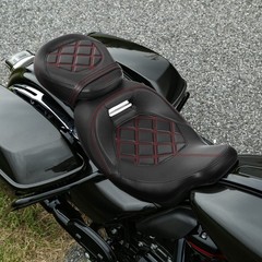 Motorcycle Seat Low Profile Two-Piece 2-Up with Red Stitching for Touring
