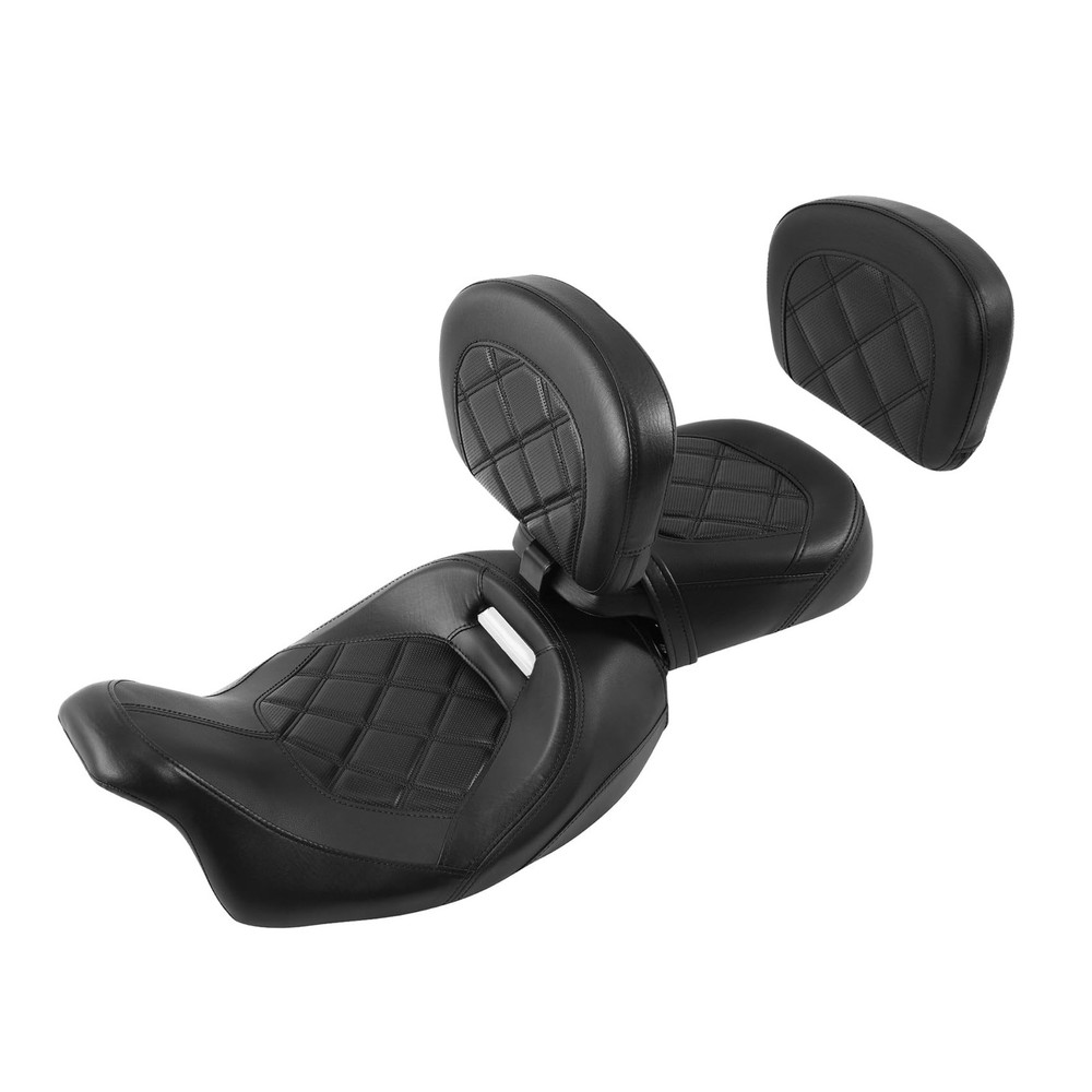 Low-Profile Touring Bike Seat 2-Pc Passenger Seat Sissy Bar Backrest 14-23 Black