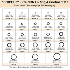 1050pcs O-Ring Kit, 21 Sizes O-Ring Assortment Kit Metric Nitrile Rubber O Rings